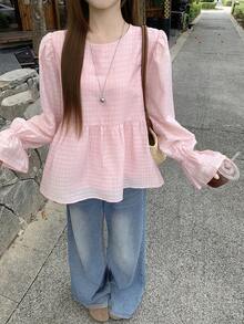 Livesso 女士粉色圆领A字喇叭袖衬衫 - 粉色 - 查看 3