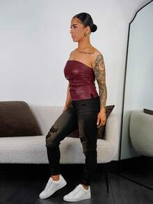 SAYEHFBABY 新年和情人节女士勃艮第皮革上衣时尚褶皱不对称下摆抹胸，适合外出和派对上衣，新年女士 - 酒紅色 - 查看 6