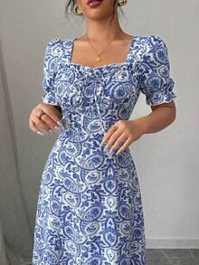 Rafferiza 女士优雅印花方领连衣裙，荷叶边饰边，荷叶袖，适合春、夏、秋季穿着的短款连衣裙 - 彩色 - 查看 4