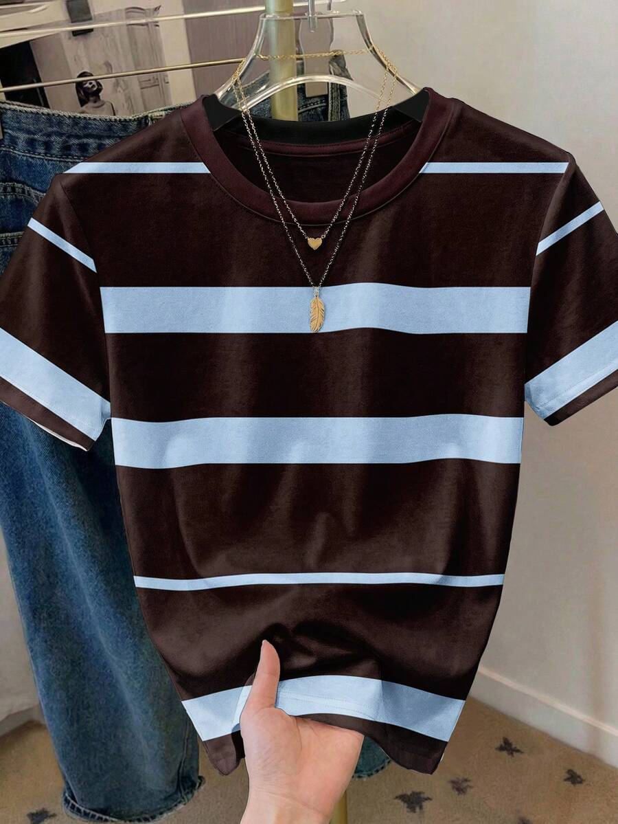 SHEIN LUNE Áo thun nữ dáng rộng, cổ tròn, tay ngắn, kẻ sọc, phong cách tối giản thường ngày. - Nhiều màu - Xem 1