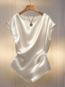 Lyxana Spring/Summer New Round Neck Dropped Shoulder Sleeveless Side Zipper Asymmetric Hem Fashionable Elegant Casual Women Blouse - Apricot - View 3