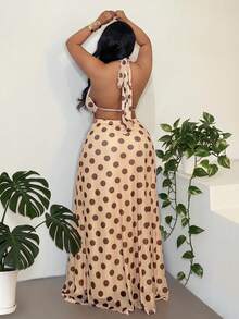 Maweii Polka Dot Print Draped Neck Sleeveless Vacation Dress - Yellow - View 3