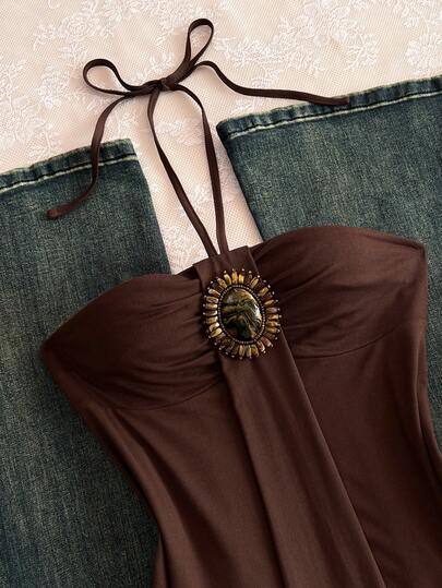 Elamini Camiseta de tirantes finos con estampado floral desgastado y parches con cuentas, estilo vintage y sexy, para el verano