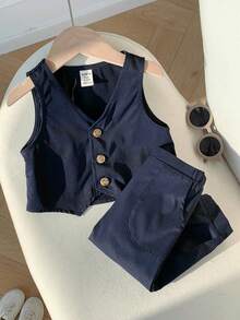 男宝宝学院风可爱百搭海军蓝背心和裤子绅士套装 - 藍色 - 查看 5