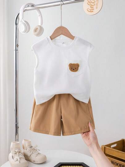 夏季新款时尚男童两件套，小熊图案圆领无袖T恤+休闲短裤，适合日常、休闲和运动穿着。