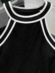 SHEIN LUNE Áo liền thân cổ yếm bằng cotton phối màu tương phản, áo liền thân thể thao thường ngày dành cho nữ, áo liền thân màu đen. - Nhiều màu - Xem 2