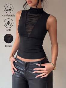 Rafferiza 性感优雅的V领透视网纱拼接褶皱无袖T恤，适合春夏穿着 - 黑色 - 查看 1