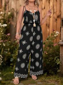 SHEIN Large-Sized Woven Printed Vacation, Casual And Fashionable Summer Jumpsuits - Black - View 3