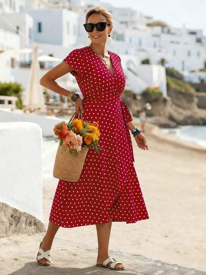 EMERY ROSE Plus Size Summer Casual Vacation Polka Dot Print Waist Tie Dress Women Vacation Dresses Women's Polka Dot Dress Red Polka Dot Dress Wrap Dress Polka Dot Dress