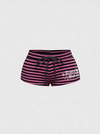 Grunge Punk Short femme grande taille Y2K Abby Spice PUNK taille basse super court à rayures noires et grises avec imprimé lettre pentagramme et strass