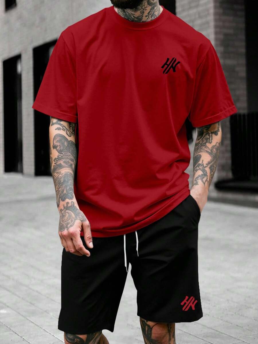 Manfinity Homme Plus Size Men's Graphic Print Red Short Sleeve T-Shirt And Drawstring Waist Shorts Casual Set - Multicolor - View 1