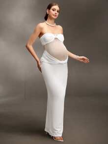 Cheriluna Maternity 女士纯色抹胸长裙，优雅孕妇写真 - 白色 - 查看 3