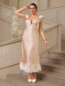 VOLUPTÉ CURVE Summer Coral Pink Dress, Plus Size Elegant Lace Patchwork Satin Dress, Flowy A-Line Fishtail Hem Summer Dress For Women, Elegant Dress For Women - Champagne - View 5