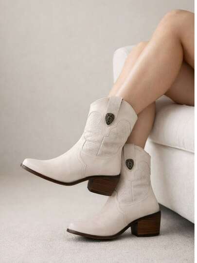 Botines Vaqueros Elegantes con Textura y Detalle Metálico – Estilo Western Chic para Mujer