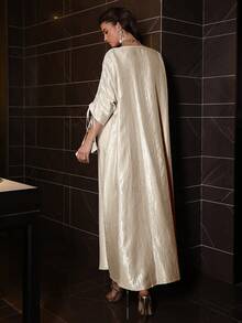 Al Najma Fashionable Elegant V-Neck Batwing Sleeve Ruched Long Dress, Spring/Summer - Champagne - View 3