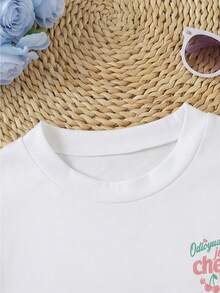 Camiseta de manga corta con estampado de letras informal de vacaciones para niña preadolescente - Blanco - Ver 5