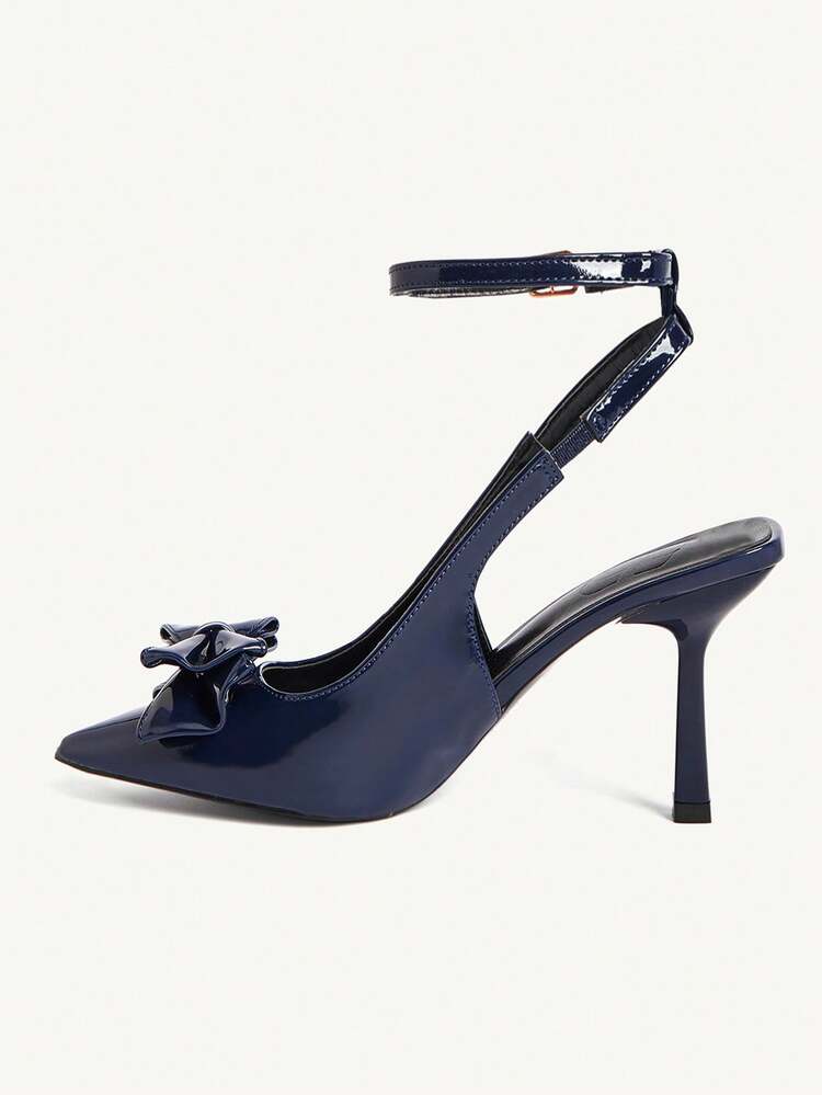 CUCCOO CHICEST Women's Pointed Toe High Heel Shoes With Double Bow Ankle Wrap, Elegant Romantic Sweet Style, Deep Blue Color, Suitable For Dates, Afternoon Tea, Commuting