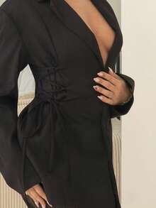 IamThia 女士冬季新款仿麂皮单排扣口袋宽松西装外套 - 黑色 - 查看 6