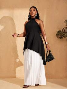 Lunelith SHEIN Lunessa Women's 2 Pieces Commuter Set - Halter Top And Pleated Pants - Black and White - View 5