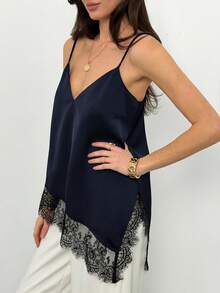 Camiseta de tirantes para mujer con estampado de lunares, dobladillo asimétrico y patchwork de encaje, estilo dulce y de moda - Azul marino - Ver 6