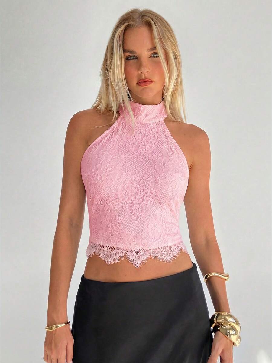 Aloruh 女士蕾丝露背性感黑色吊带背心 - 粉色 - 查看 1
