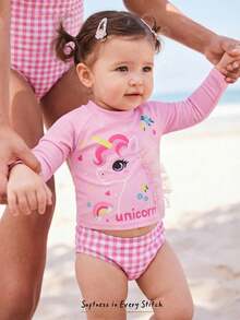 Cozy Pixies 2件套女婴可爱休闲粉色卡通小马图案3D网纱长袖上衣和格子短裤泳衣 - 彩色 - 查看 1