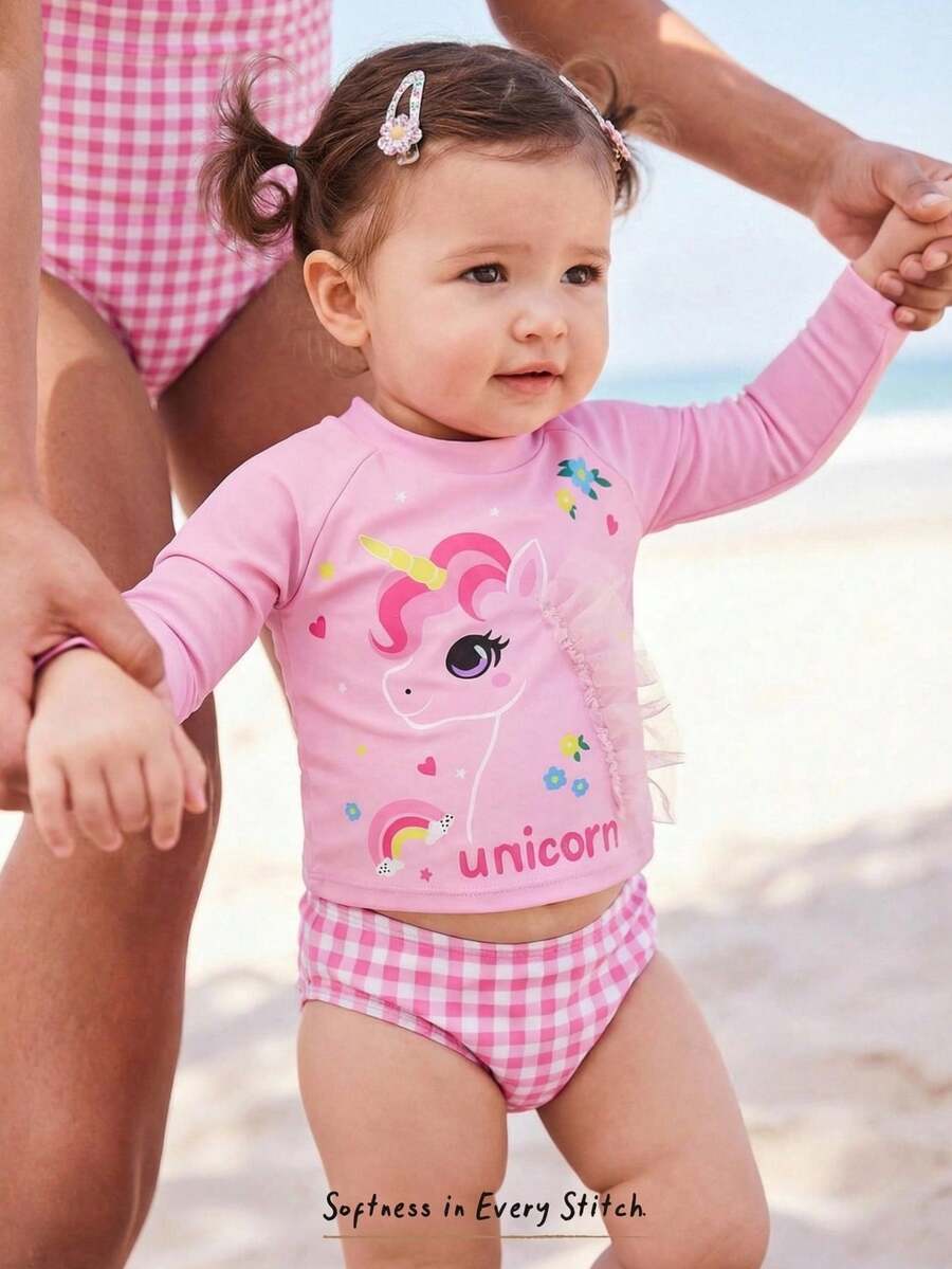 Cozy Pixies 2件套女婴可爱休闲粉色卡通小马图案3D网纱长袖上衣和格子短裤泳衣 - 彩色 - 查看 1