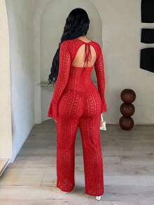SHEIN SXY 性感蕾丝长袖镂空连体裤 - 紅色 - 查看 2