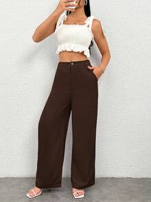 SHEIN PETITE Pantalones rectos casuales de mujer con bolsillos - Café integral - Ver 7