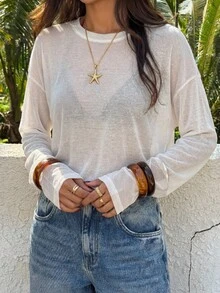 FRIFUL Women's Loose Fit Round Neck Oversized Drop Shoulder Mesh Splice Sheer Thin T-Shirt - Beige - View 10