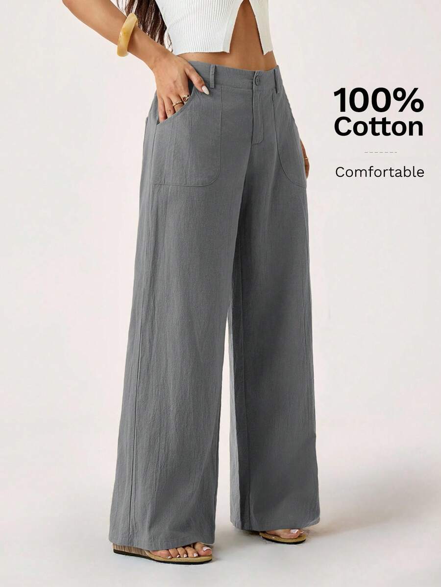 SHEIN PETITE 100% 水洗棉低腰直筒裤 - 灰色 - 查看 1