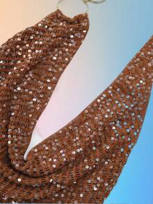 Nevyona 休闲度假亮片深V领金属环性感露脐上衣 - 棕色 - 查看 9