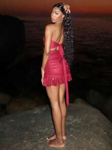 Mima John 女式时尚性感亮片系带露背抹胸迷你连衣裙 - 酒紅色 - 查看 5