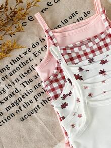 SHEIN 5pcs/Set Baby Girls' Summer Floral & Plaid Pattern Knit Sleeveless Rompers - Multicolor - View 7