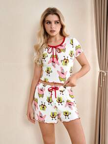 SpongeBob SquarePants | SHEIN Damen Pyjama Set mit Vorderbindung Kurzarm Top und Shorts - Rot-Weiß - Übersicht 3