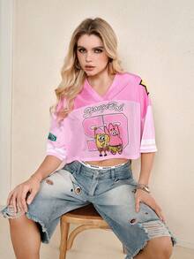 SpongeBob SquarePants | SHEIN Women's V-Neck Short Sleeve Cropped T-Shirt, - Pink - View 5