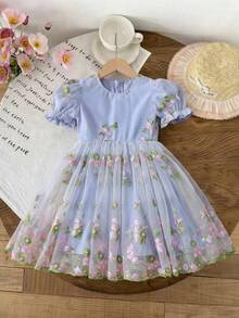 SHEIN Glamorique Kids 小女孩可爱花卉刺绣装饰休闲时尚娃娃裙 - 紫色 - 查看 6