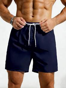 ZELFYO Men Solid Drawstring Waist Swim Trunks - Navy Blue - View 5