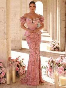 Glamrae Elegant Luxurious Beaded,Sequin & Embroidered One-Shoulder Mermaid Dress With 3D Floral Sleeves,Suitable For Bridal,Mother Of The Bride Formal Gowns - Dusty Pink - View 6