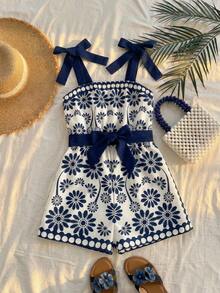 SHEIN Young Girl Woven Contrast Ditsy Floral Camisole Romper - Blue - View 2