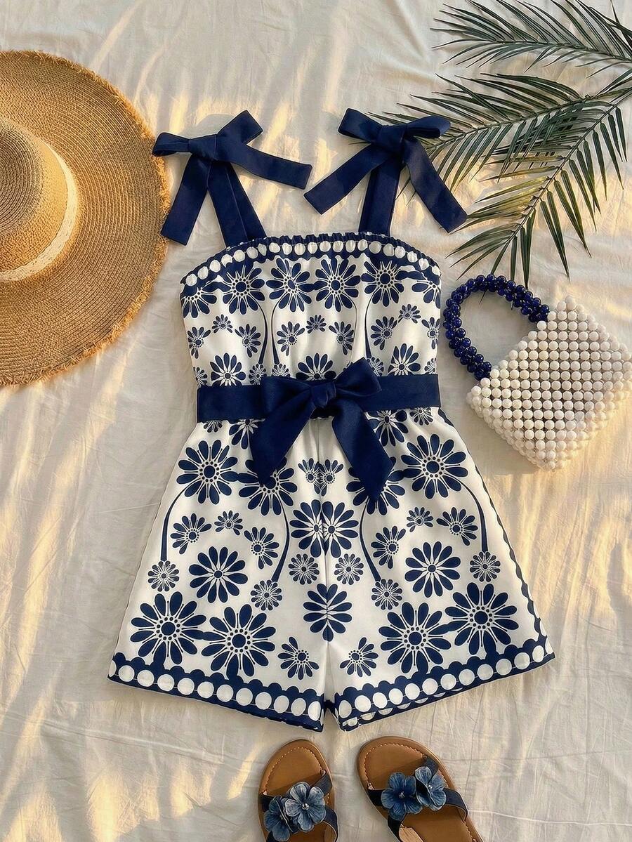 SHEIN Young Girl Woven Contrast Ditsy Floral Camisole Romper - Blue - View 1