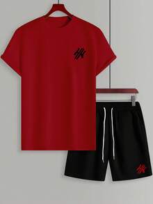 Manfinity Homme Plus Size Men's Graphic Print Red Short Sleeve T-Shirt And Drawstring Waist Shorts Casual Set - Multicolor - View 3