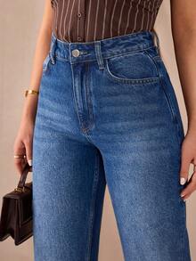 High Waist Straight Leg Washed Blue Woman Casual Style Button Front Denim Jean - Medium Wash - View 3