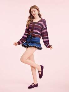 CUCCOO DOLLMOD 女士蓝色优雅丝绒经典舒适T字带玛丽珍平底鞋 - 紫色 - 查看 6