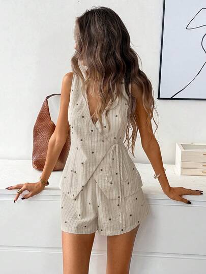 Easowa V-Neck Wrap Tie-Waist Bow Irregular Hem Vest Shirt And Elastic Waist Bermuda Shorts Set, Vintage Polka Dot Striped Print Linen Fabric, Casual Relaxed Elegant Commute Resort Spring/Summer 2 Pieces Set For Women