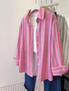 INAWLY Women's Striped Long Sleeve Single-Breasted Casual Shirt - Hot Pink - View 3