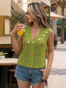 Elyressa V-Neck Sleeveless Knit Cardigan With Sequin Decor And Front Button Closure, Fashionable Sexy Golf Pastal Autumn - Green - View 1