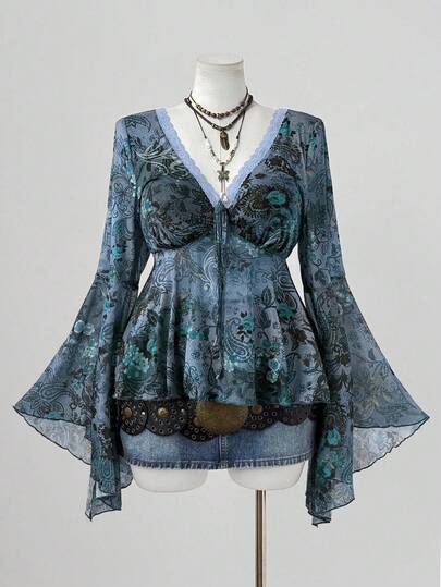 Sunspun Vintage Paisley Muster V-Ausschnitt Kontrast Spitze Glockenärmel halb-transparente Babydoll Bluse in Große Größen, geeignet für Frühling, Sommer, Herbst Bohemian Tops Boho Blusen Damen Sommer Blusen Boho Tops Boho Tops für Frauen