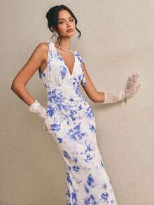 Poéselle 女士印花无袖扭结前襟优雅连衣裙 - 藍色 - 查看 6