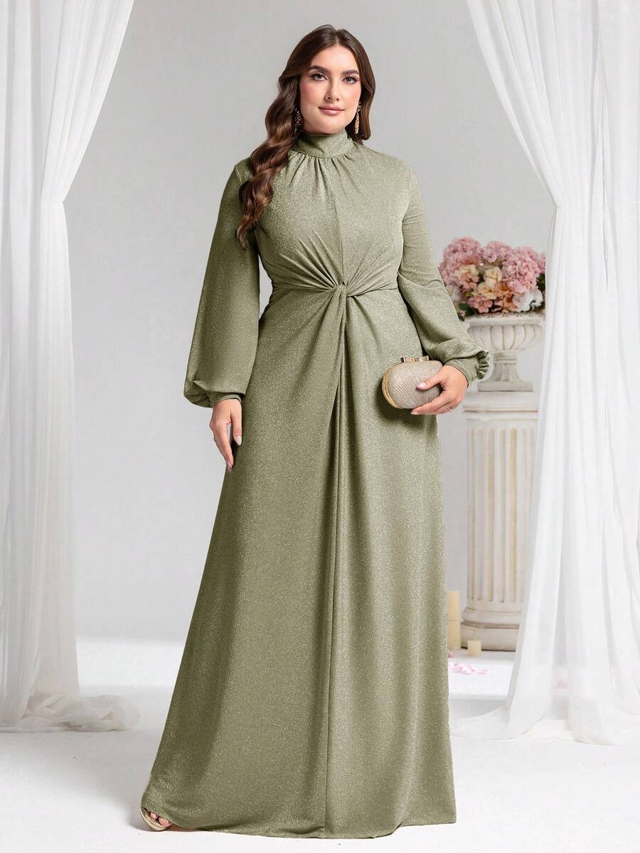 Coutiva Plus Size Solid Color Minimalist Long Sleeve Evening Gown (Embellished) - Army Green - View 1